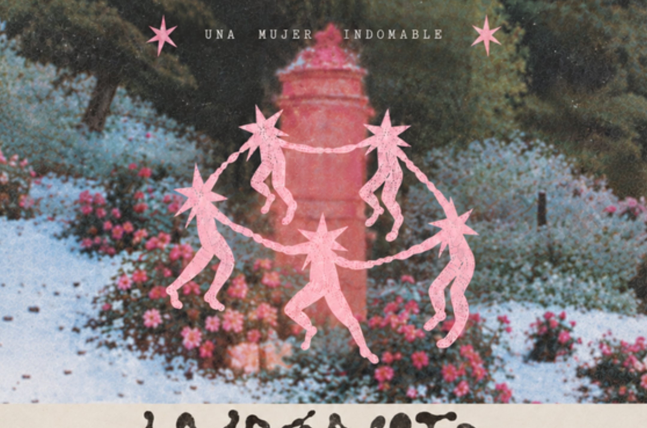Jardín vintage con azaleas rosas y figuras con cabeza de estrella bailando en ronda